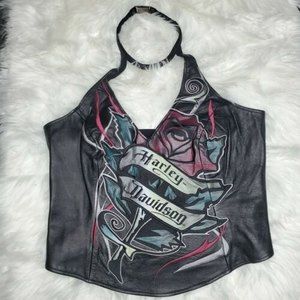Harley Davidson Leather Halter Top Tank Red Rose Choker Womens M 2007 Green Blk
